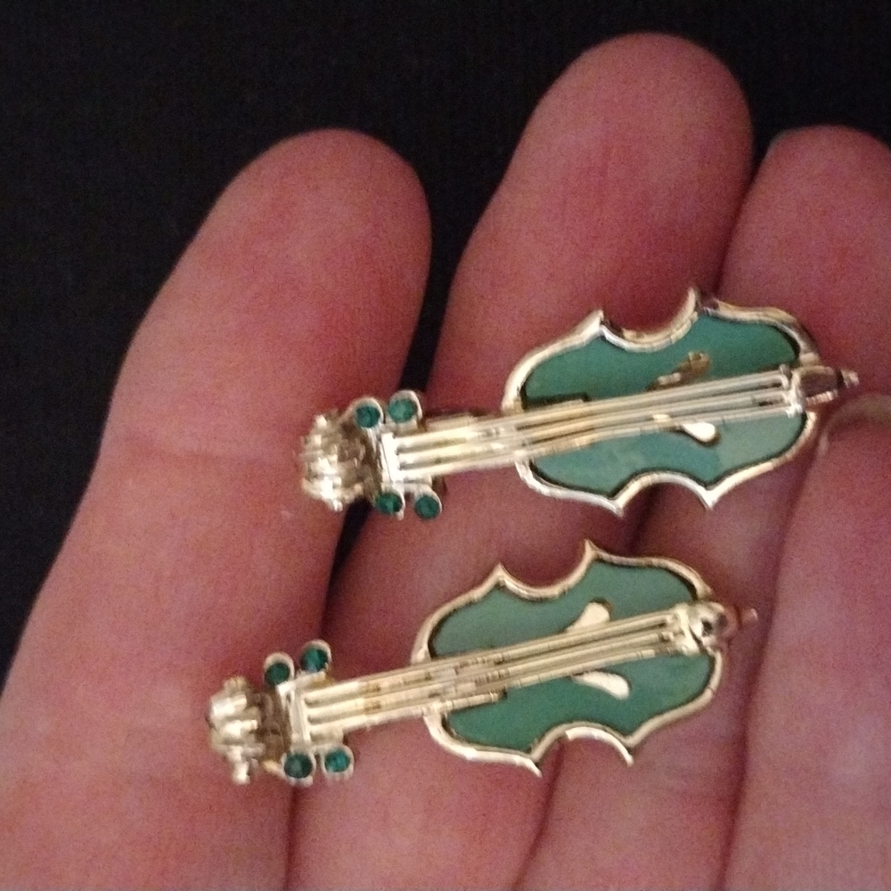 2 Green w/ Green Rhinestones and Gold Tone Violin Brooches